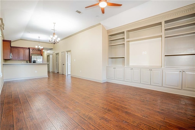 unfurnished living room featuring hardwood / wood-style flooring, ceiling fan with notable chandelier, lofted ceiling, and ornamental molding