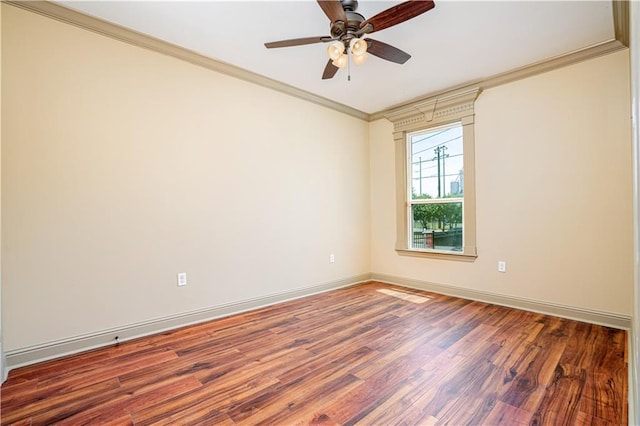 unfurnished room with ceiling fan, crown molding, and hardwood / wood-style flooring