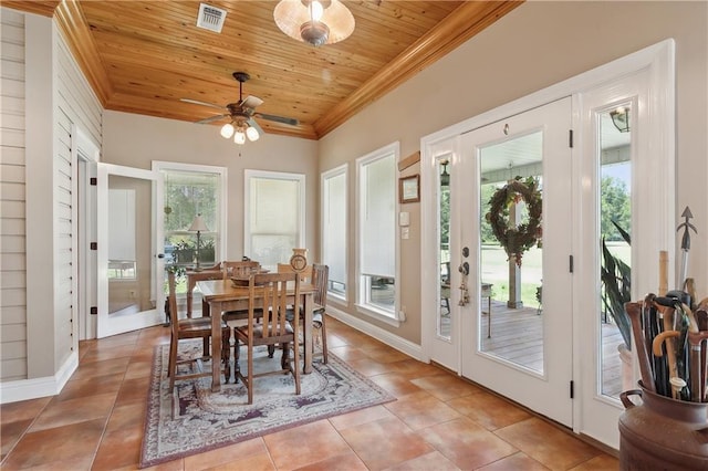 dining room with ceiling fan, a healthy amount of sunlight, light tile patterned flooring, and wooden ceiling