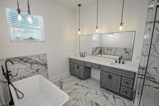 bathroom featuring tile patterned floors, double sink vanity, and a washtub