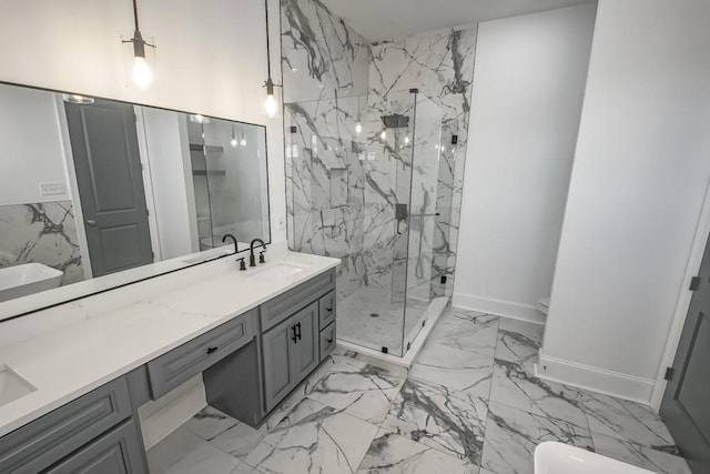 bathroom featuring dual vanity, toilet, walk in shower, and tile patterned flooring