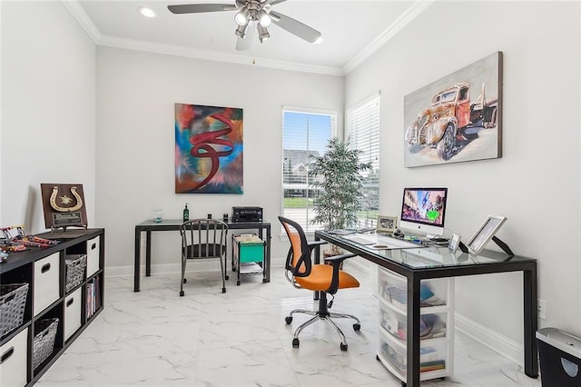 home office featuring crown molding and ceiling fan