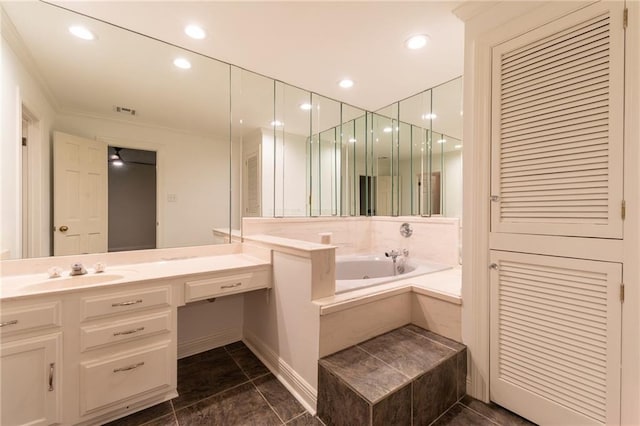 bathroom with tile patterned floors, vanity, and shower with separate bathtub