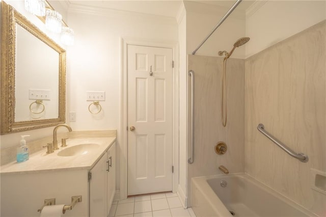 bathroom with vanity, tile patterned floors, shower / bath combination, and ornamental molding