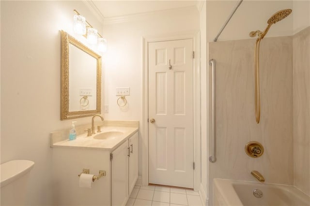 full bathroom featuring ornamental molding, vanity, shower / bath combination, tile patterned flooring, and toilet