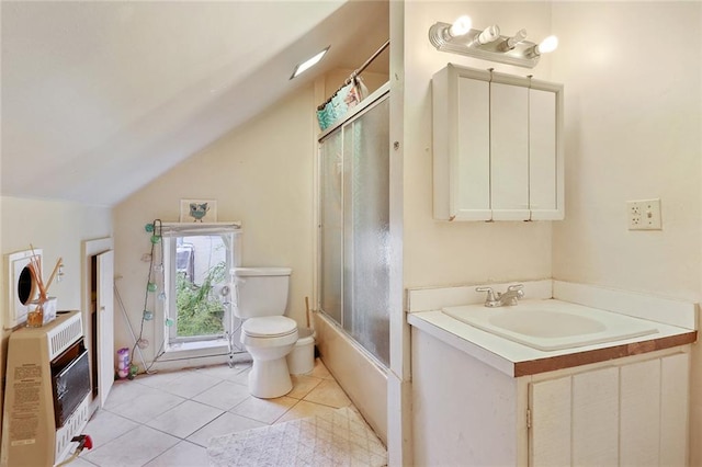 full bathroom featuring bathtub / shower combination, heating unit, lofted ceiling, tile patterned floors, and toilet