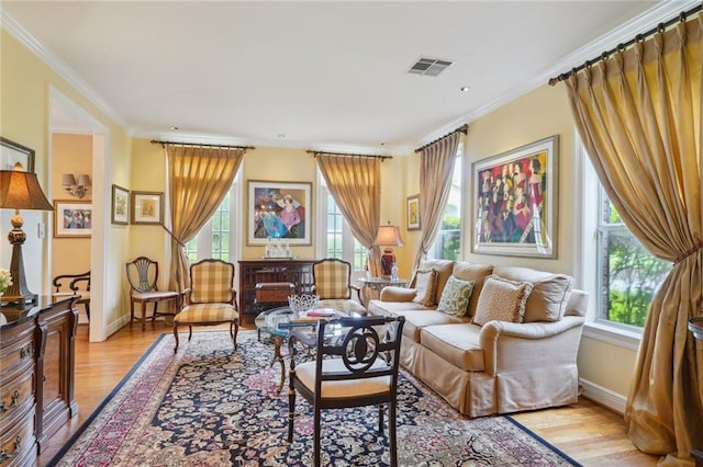 living room featuring light hardwood / wood-style flooring, a healthy amount of sunlight, and ornamental molding