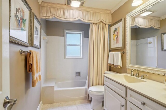 full bathroom featuring tile patterned flooring, toilet, vanity, and shower / tub combo