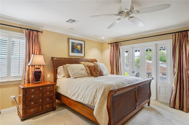 bedroom with light carpet, visible vents, baseboards, access to outside, and ornamental molding