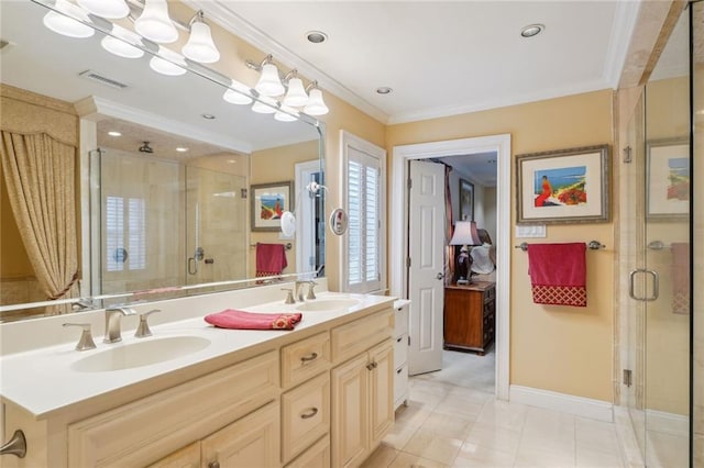 full bath with crown molding, double vanity, visible vents, a stall shower, and a sink