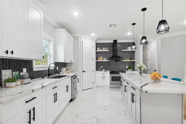 kitchen featuring white cabinets, appliances with stainless steel finishes, wall chimney range hood, a center island, and open shelves