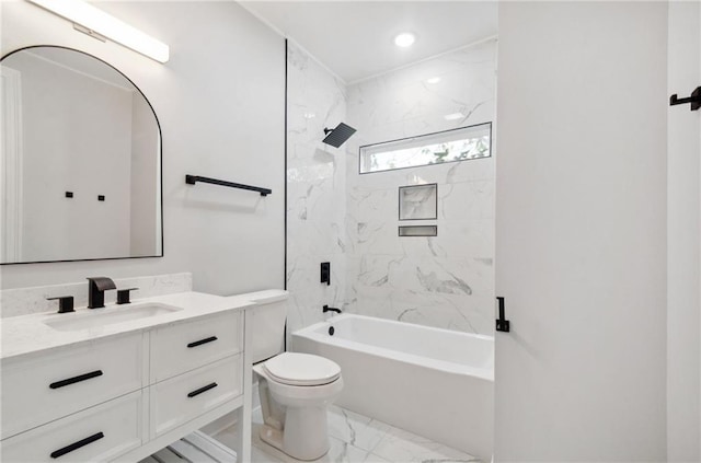 full bathroom with toilet, marble finish floor, bathtub / shower combination, vanity, and recessed lighting