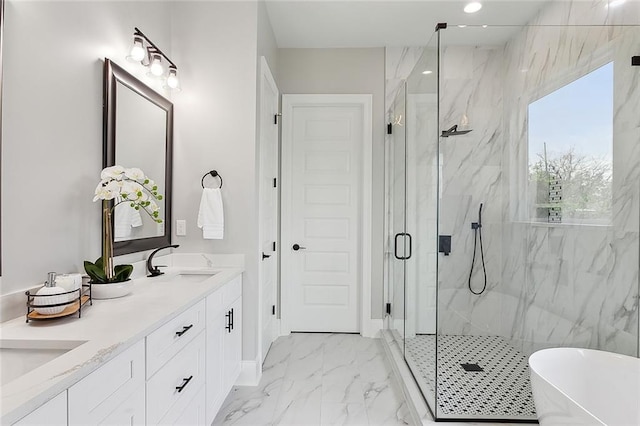 bathroom with plus walk in shower, tile patterned flooring, and vanity