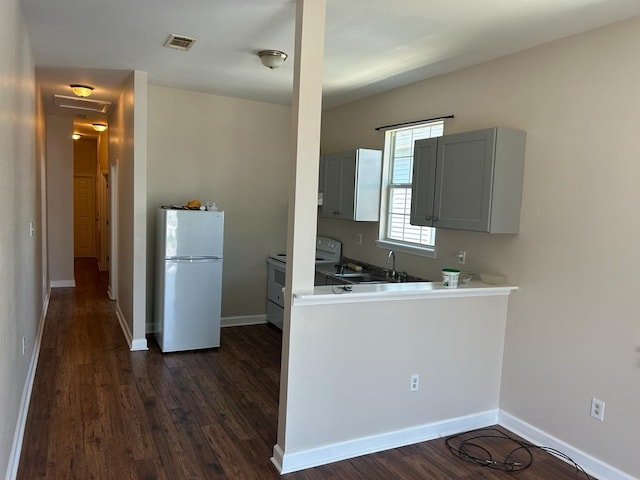 kitchen with dark hardwood / wood-style flooring, white appliances, and gray cabinets