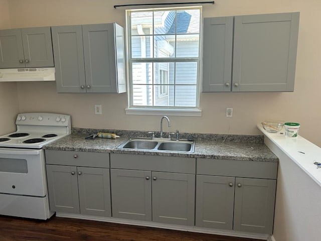 kitchen featuring sink, dark wood-type flooring, a wealth of natural light, and white electric range