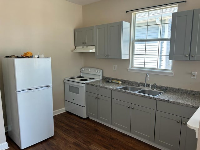 kitchen with sink, dark hardwood / wood-style flooring, white appliances, and gray cabinets