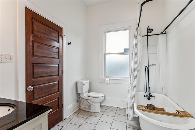 full bathroom with shower / bath combination with curtain, vanity, tile patterned floors, and plenty of natural light