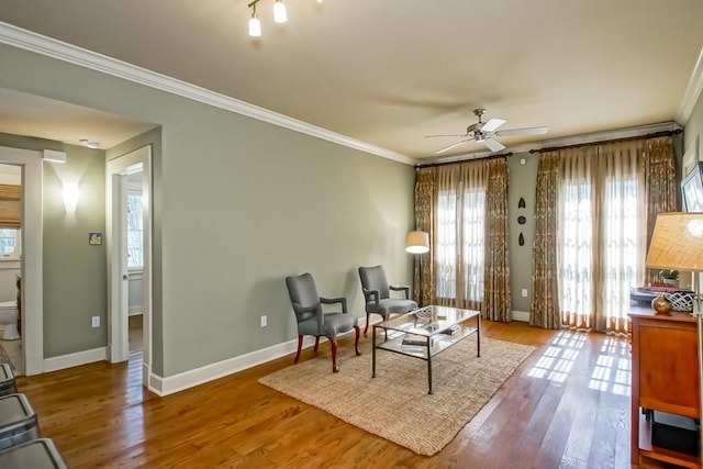 living area featuring ceiling fan, ornamental molding, and light wood-type flooring