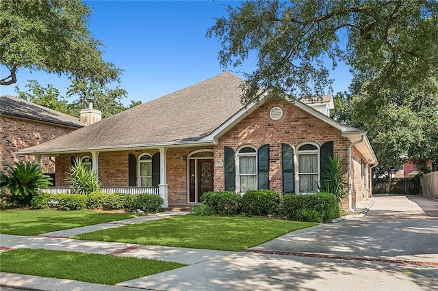 view of front facade with a front lawn and covered porch