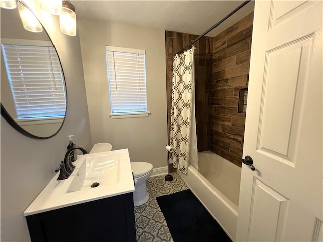 full bathroom with tile patterned flooring, toilet, vanity, and shower / bathtub combination with curtain