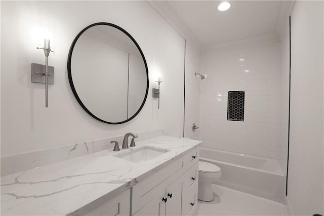 full bathroom featuring tiled shower / bath combo, crown molding, toilet, and vanity