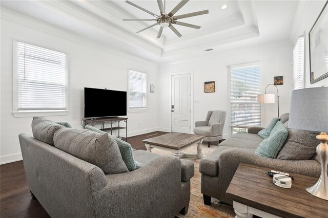 living room with ceiling fan, crown molding, dark wood-type flooring, and a tray ceiling