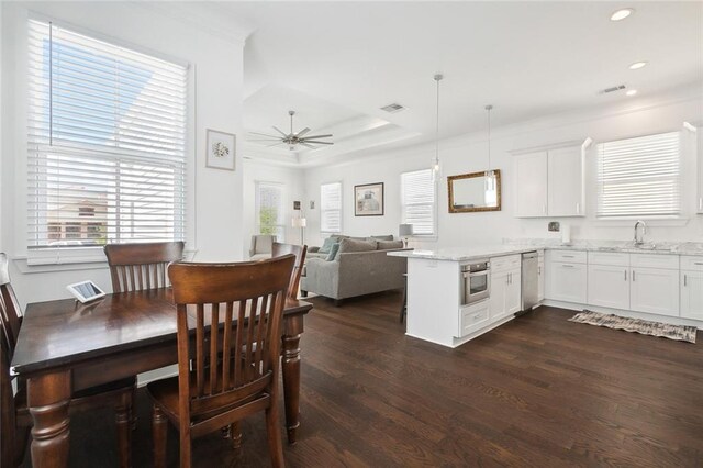 dining space with ceiling fan, a tray ceiling, dark wood-type flooring, and sink