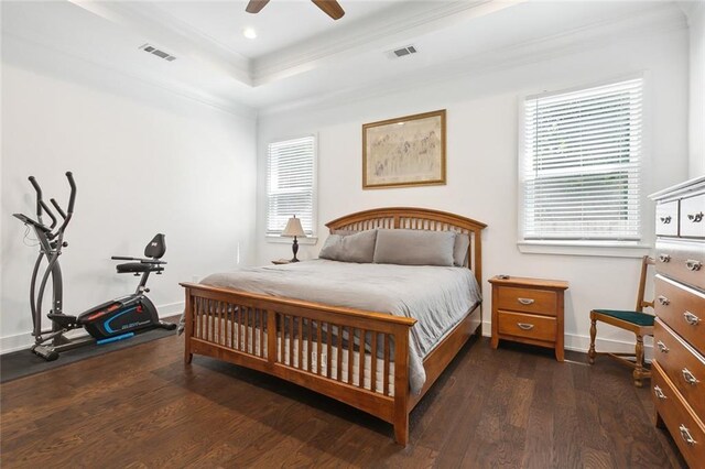 bedroom featuring ceiling fan, a tray ceiling, and dark wood-type flooring