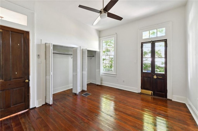 foyer entrance featuring ceiling fan and hardwood / wood-style floors