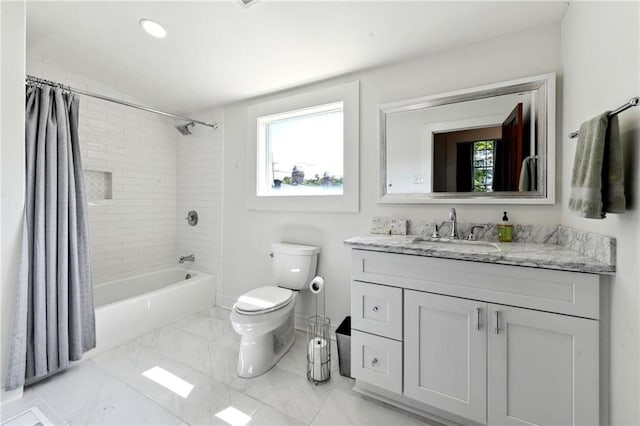 full bathroom featuring shower / bathtub combination with curtain, toilet, vanity, and tile patterned floors