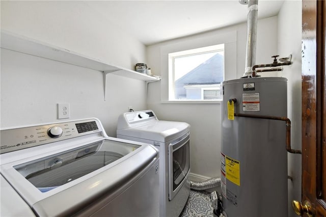 laundry room with water heater and washer and dryer