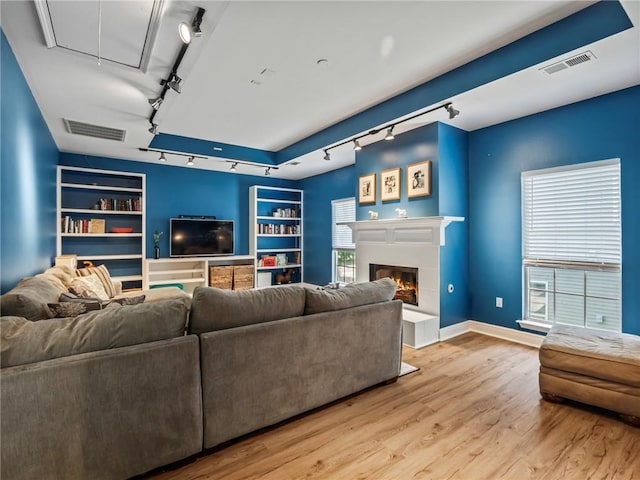 living room with light hardwood / wood-style flooring, a healthy amount of sunlight, and rail lighting