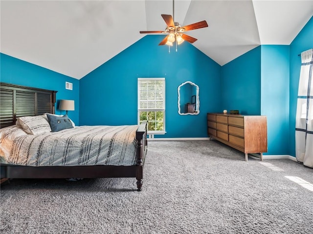 carpeted bedroom featuring vaulted ceiling and ceiling fan