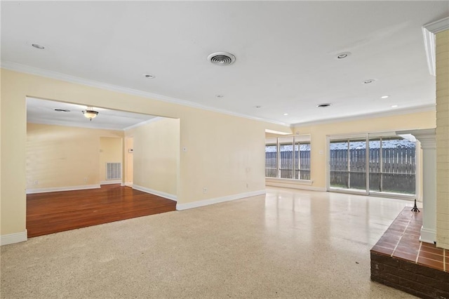 unfurnished living room with crown molding and hardwood / wood-style floors