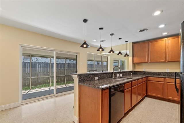 kitchen with sink, hanging light fixtures, dishwasher, kitchen peninsula, and plenty of natural light