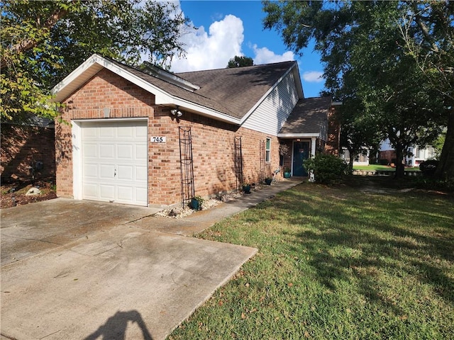 view of property exterior with a lawn and a garage