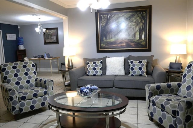 living room with an inviting chandelier, crown molding, and light tile patterned flooring