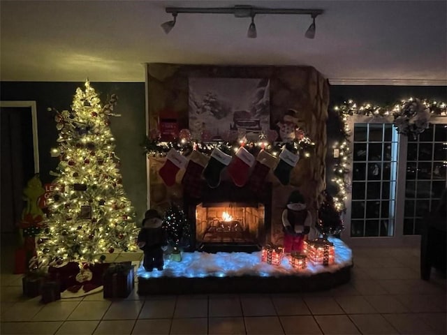 interior space with a stone fireplace