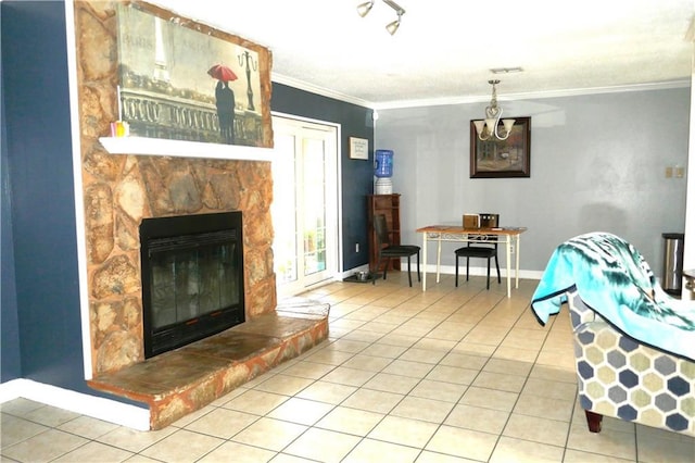 living area with baseboards, light tile patterned flooring, a fireplace, and crown molding