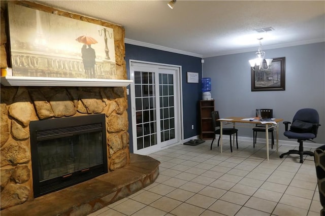 office featuring a fireplace, tile patterned flooring, visible vents, and crown molding