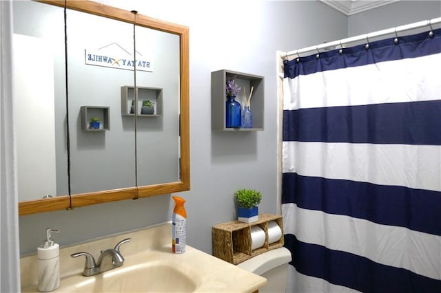 bathroom featuring a shower with shower curtain, a sink, and toilet