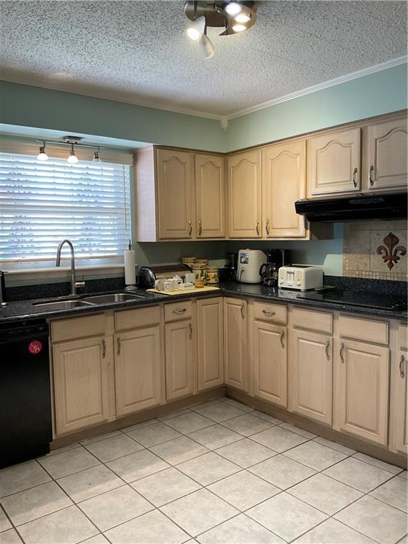 kitchen featuring a textured ceiling, exhaust hood, ornamental molding, and black appliances