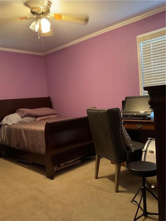 bedroom with ornamental molding, light carpet, and ceiling fan