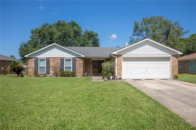 single story home with brick siding, concrete driveway, a front yard, and a garage