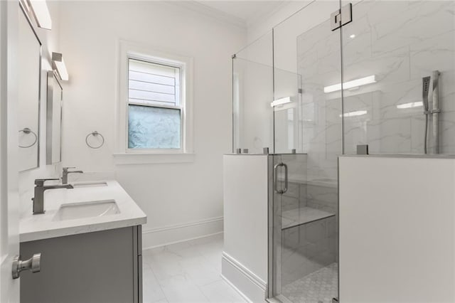 bathroom featuring crown molding, vanity, walk in shower, and tile patterned floors