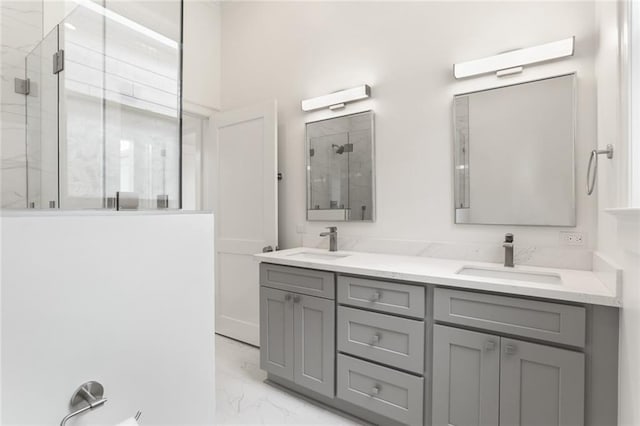 bathroom featuring vanity, walk in shower, and tile patterned floors