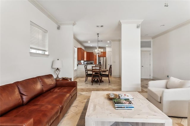 living room featuring ornamental molding, an inviting chandelier, and light tile patterned floors