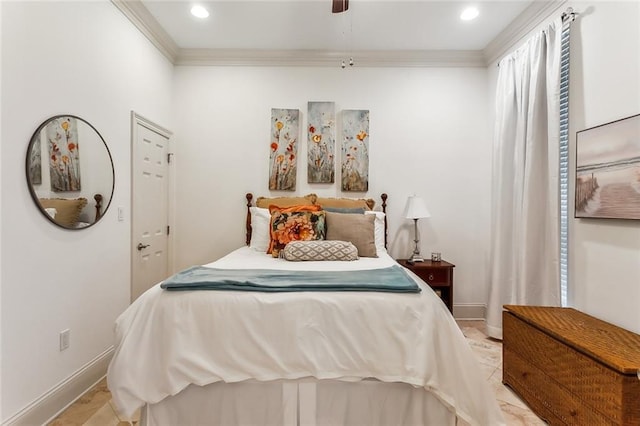 tiled bedroom with ceiling fan and ornamental molding