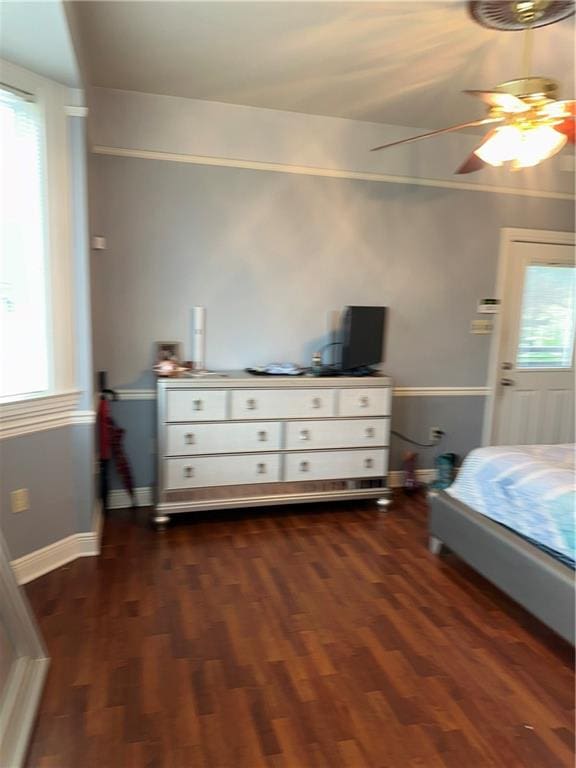 bedroom featuring ceiling fan, multiple windows, and dark hardwood / wood-style floors