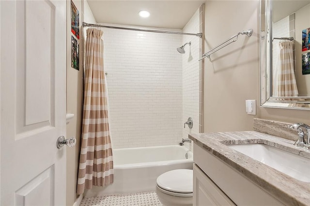 full bathroom featuring shower / bath combination with curtain, toilet, tile patterned flooring, and vanity